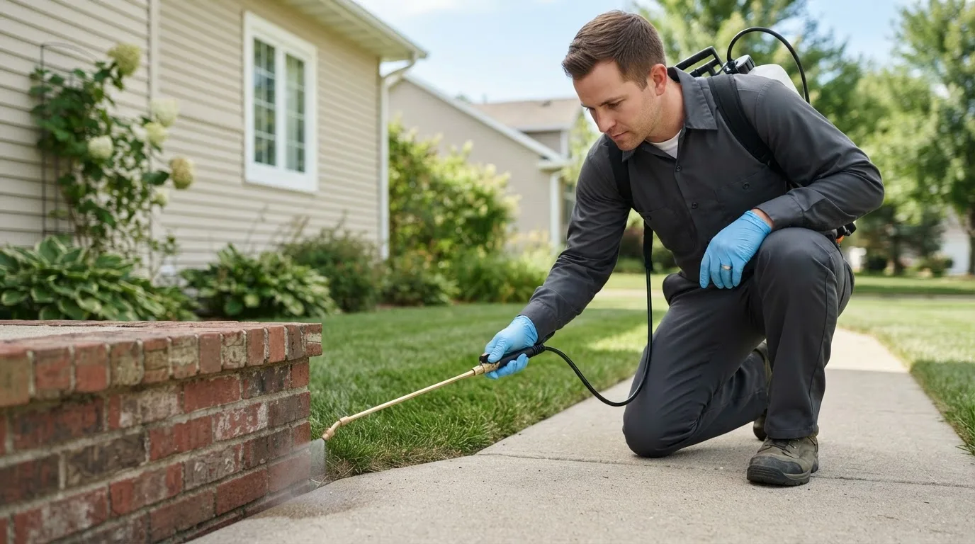 Pest control technician treating a home near Delmar, DE